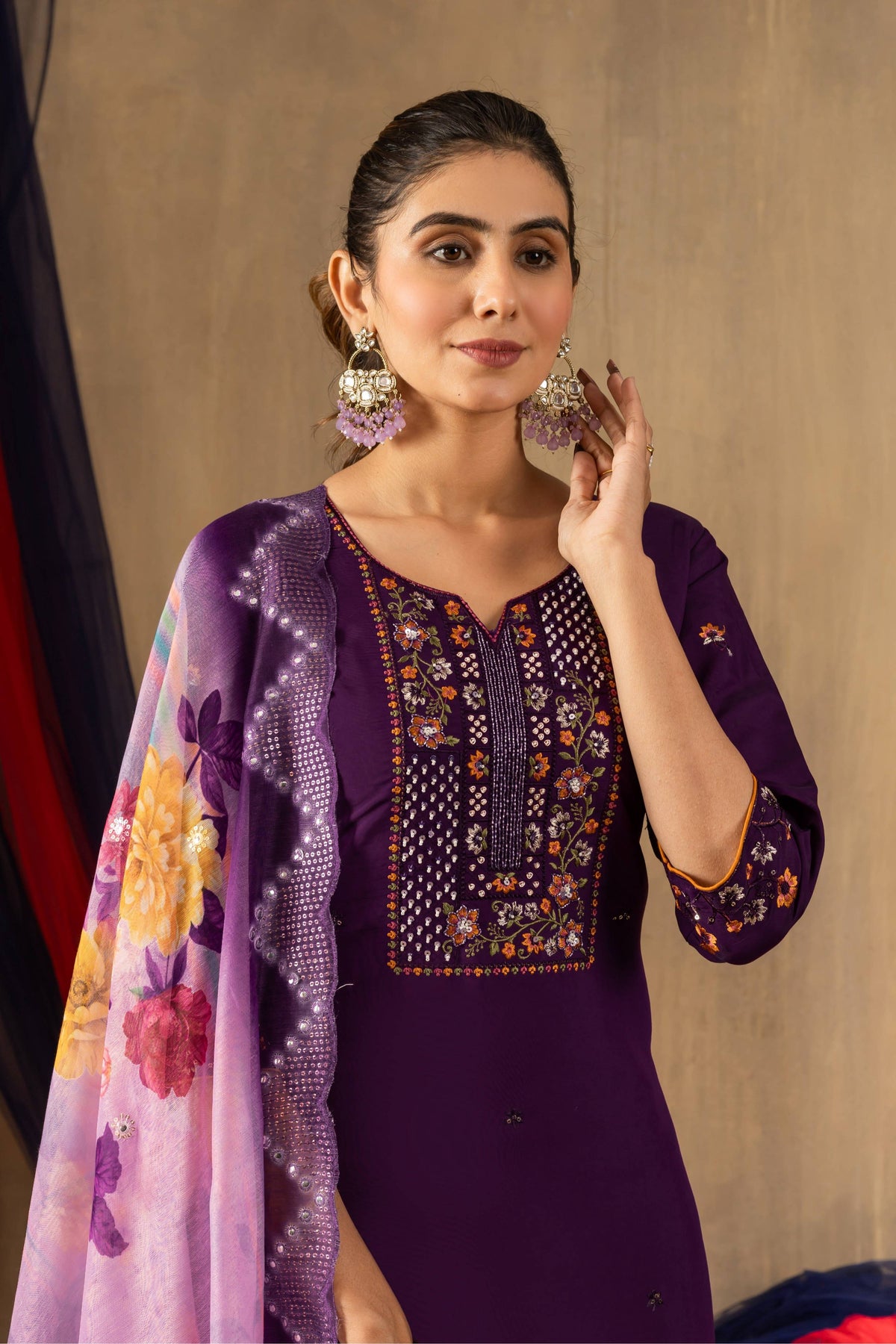 Sonakshi Women's Purple Roman Silk Multi Embroidered Sequins With Hand Work Kurta Set With Dupatta | Grocsy