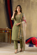 Sonakshi Women's Green Shimmer Gold Silk Multi Embroidered Sequins With Hand Work Kurta Set With Dupatta | Grocsy