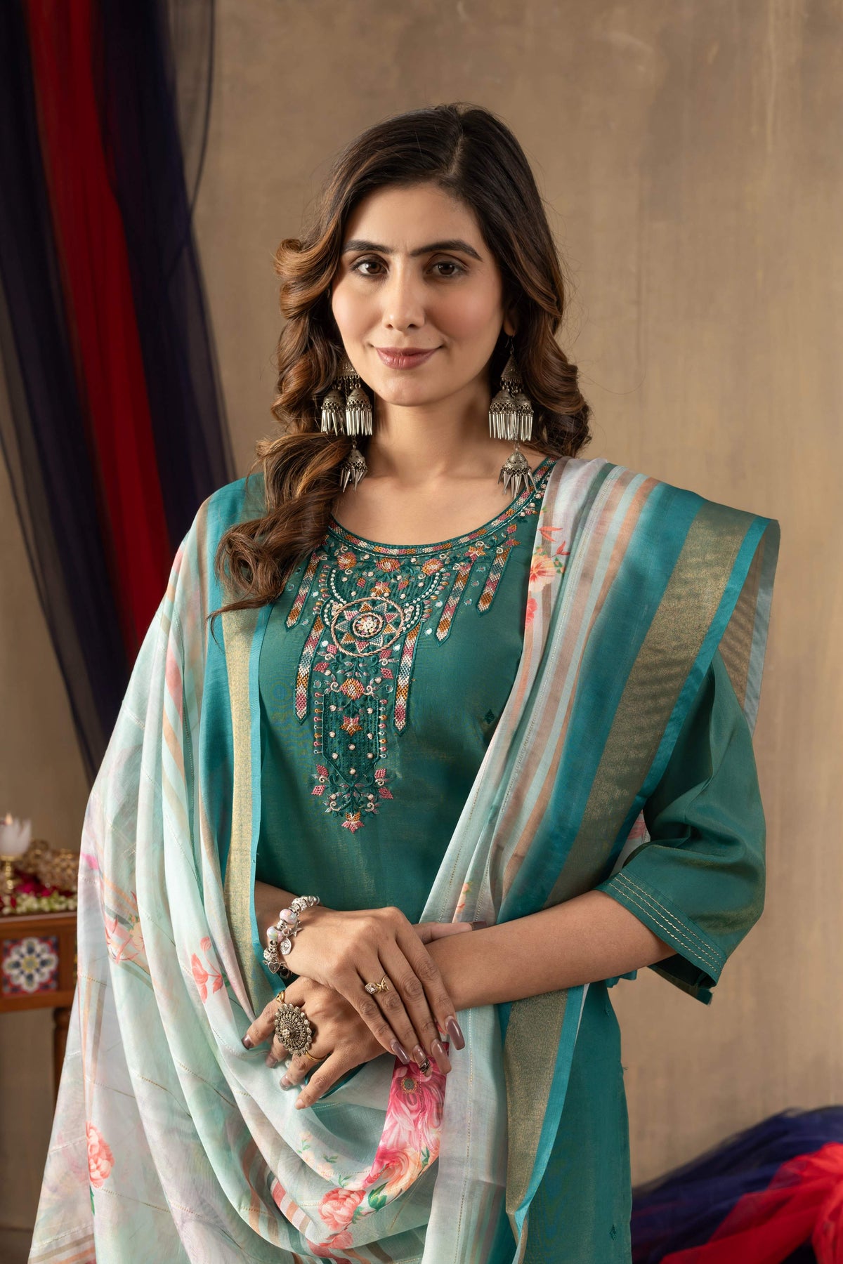 Sonakshi Women's Rama Shimmer Gold Silk Multi Embroidered Sequins With Hand Work Kurta Set With Dupatta | Grocsy