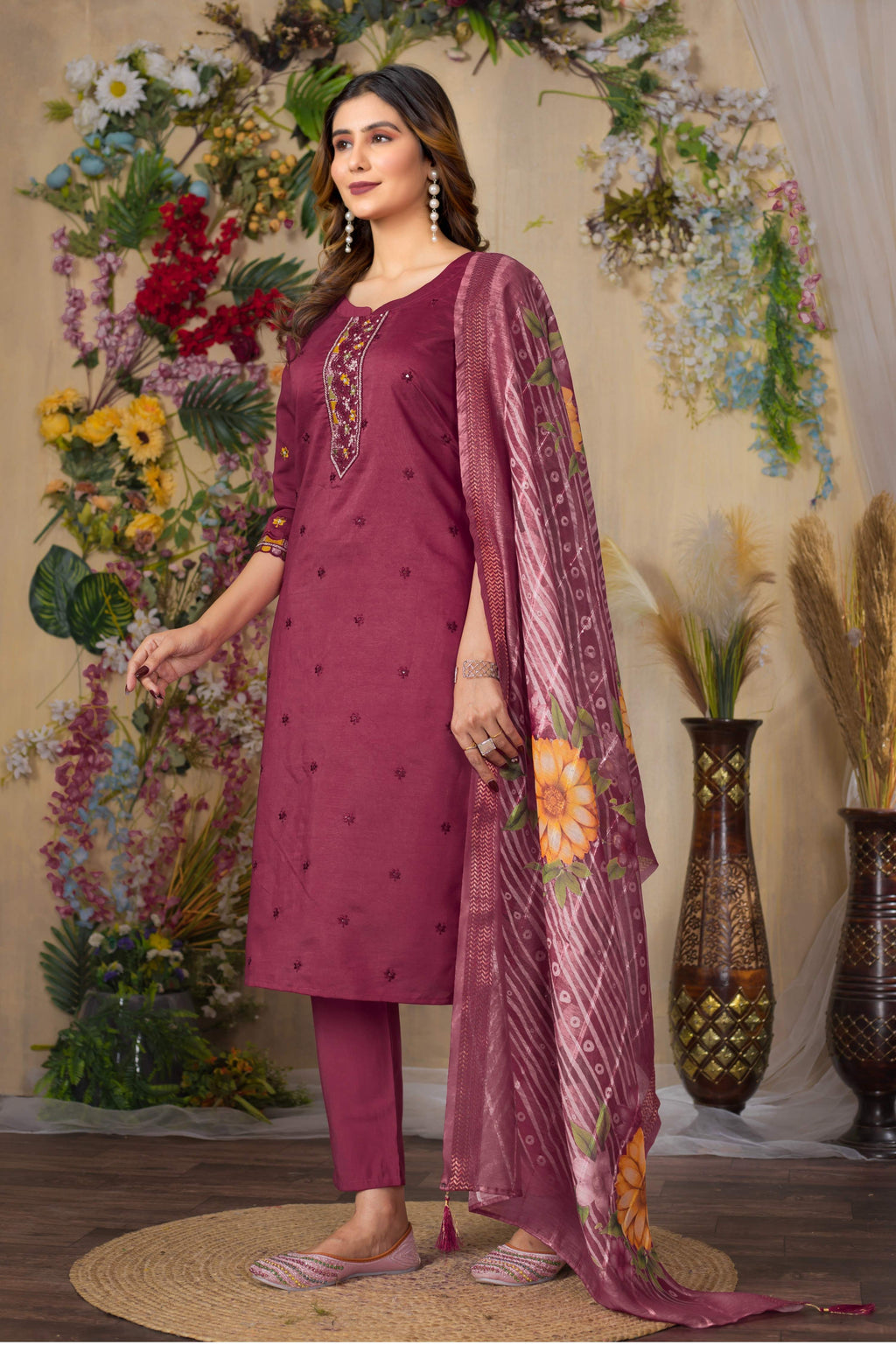 Sonakshi Women's Onion Roman Silk Multi Embroidered Sequins With Hand Work Kurta Set With Dupatta | Grocsy