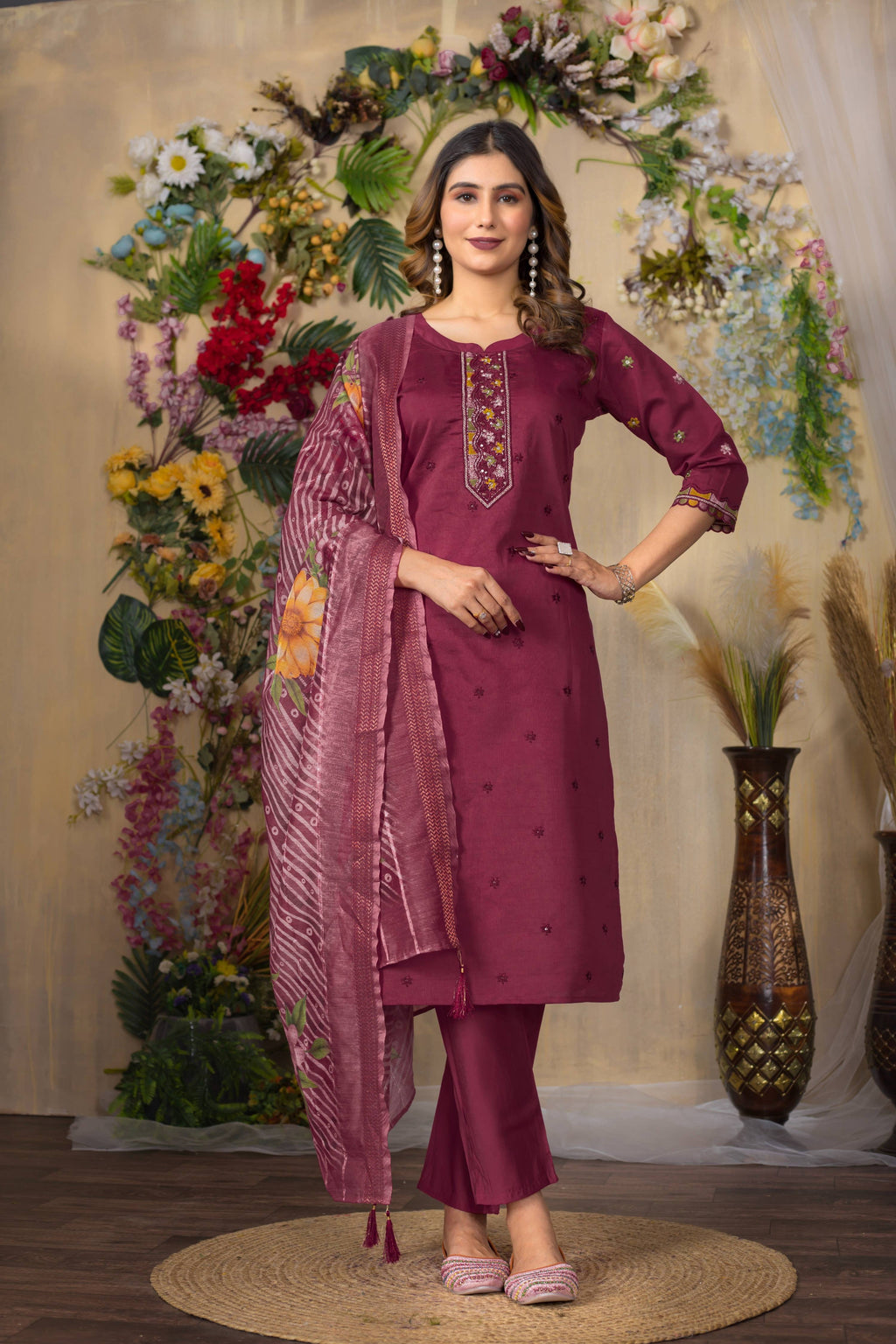 Sonakshi Women's Onion Roman Silk Multi Embroidered Sequins With Hand Work Kurta Set With Dupatta | Grocsy
