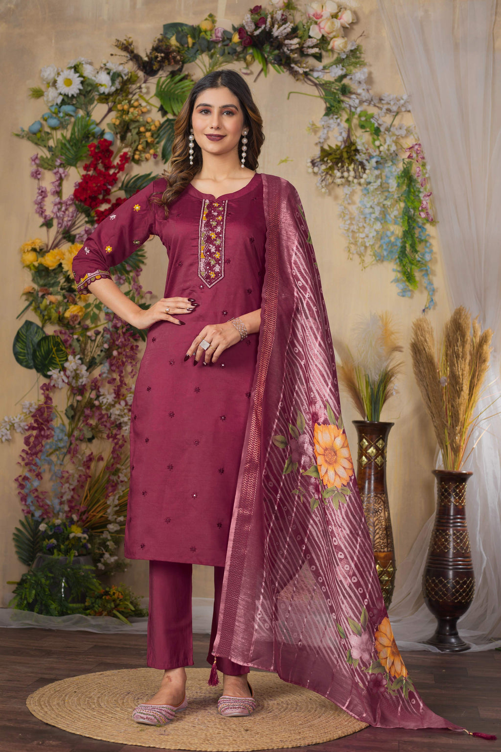 Sonakshi Women's Onion Roman Silk Multi Embroidered Sequins With Hand Work Kurta Set With Dupatta | Grocsy