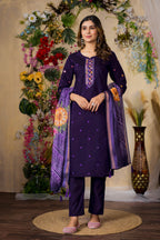 Sonakshi Women's Purple Roman Silk Multi Embroidered Sequins With Hand Work Kurta Set With Dupatta | Grocsy