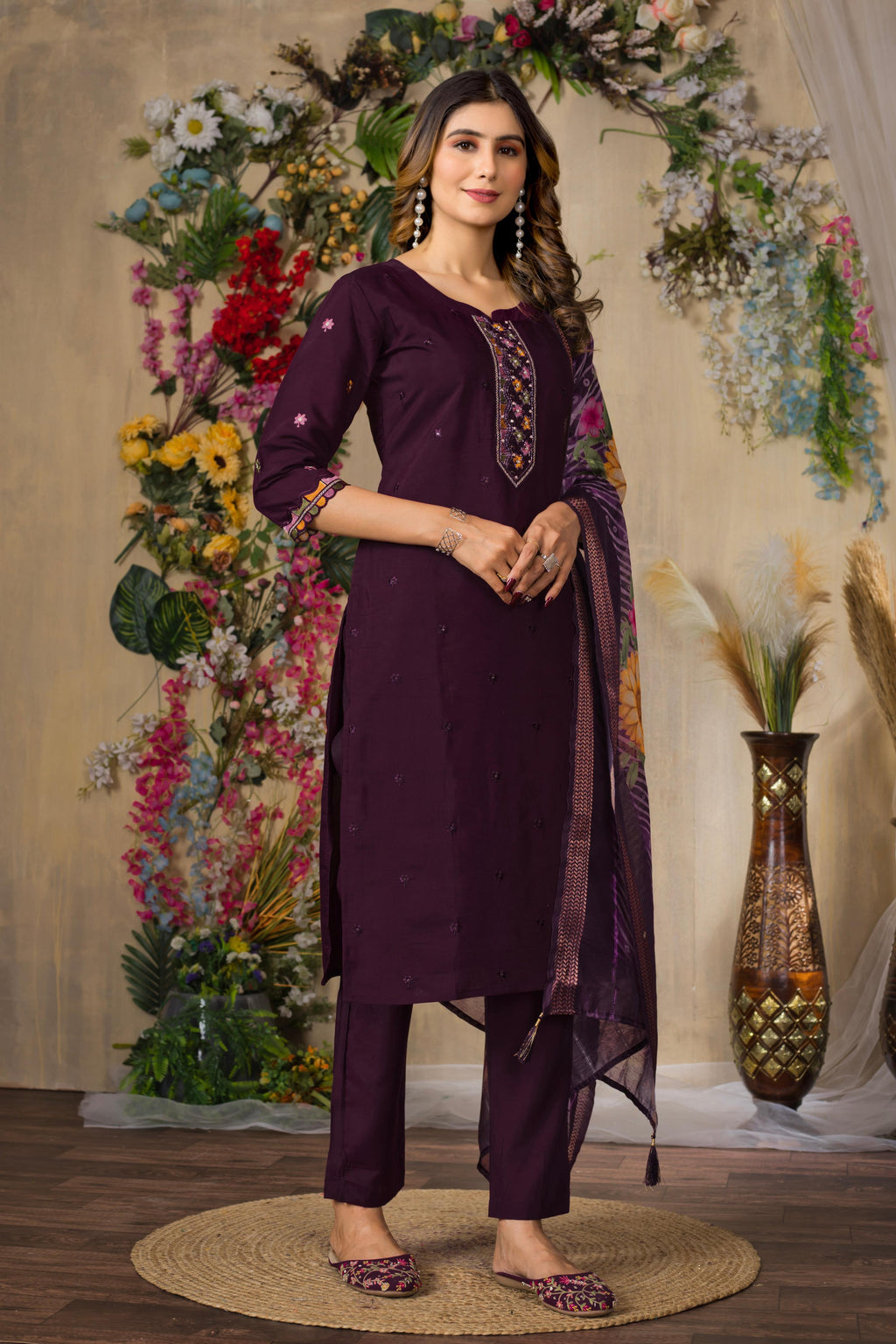 Sonakshi Women's Wine Roman Silk Multi Embroidered Sequins With Hand Work Kurta Set With Dupatta | Grocsy