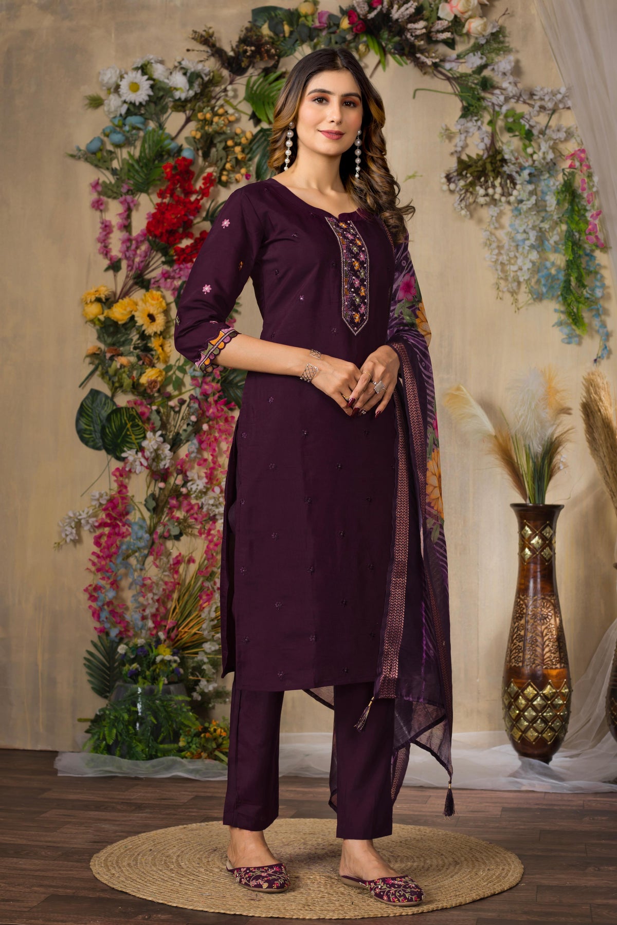 Sonakshi Women's Wine Roman Silk Multi Embroidered Sequins With Hand Work Kurta Set With Dupatta | Grocsy