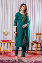 Sonakshi Women's Teal Viscose Silk Multi Embroidered Sequins With Hand Work Kurta Set With Dupatta | Grocsy