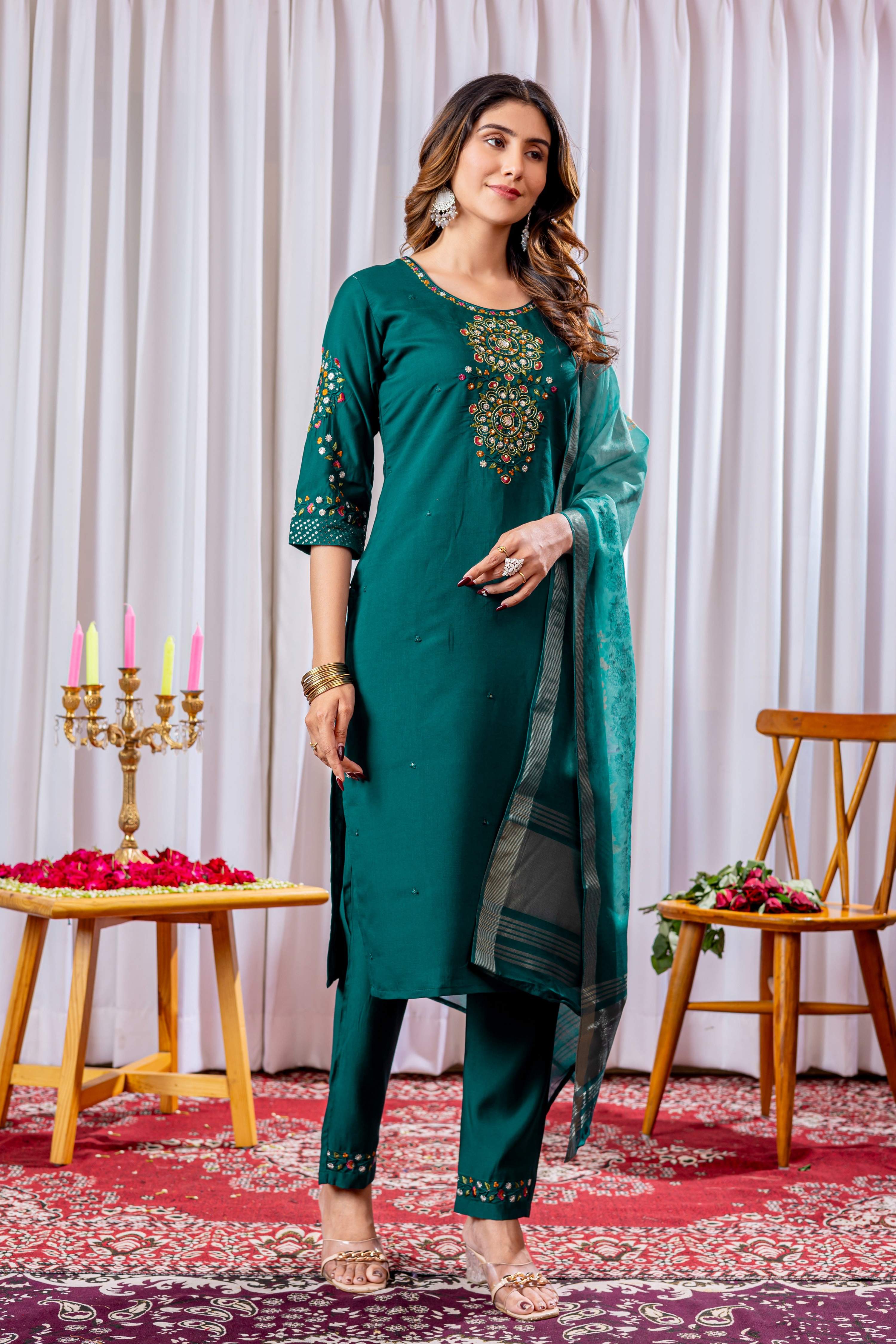 Sonakshi Women's Teal Viscose Silk Multi Embroidered Sequins With Hand Work Kurta Set With Dupatta | Grocsy