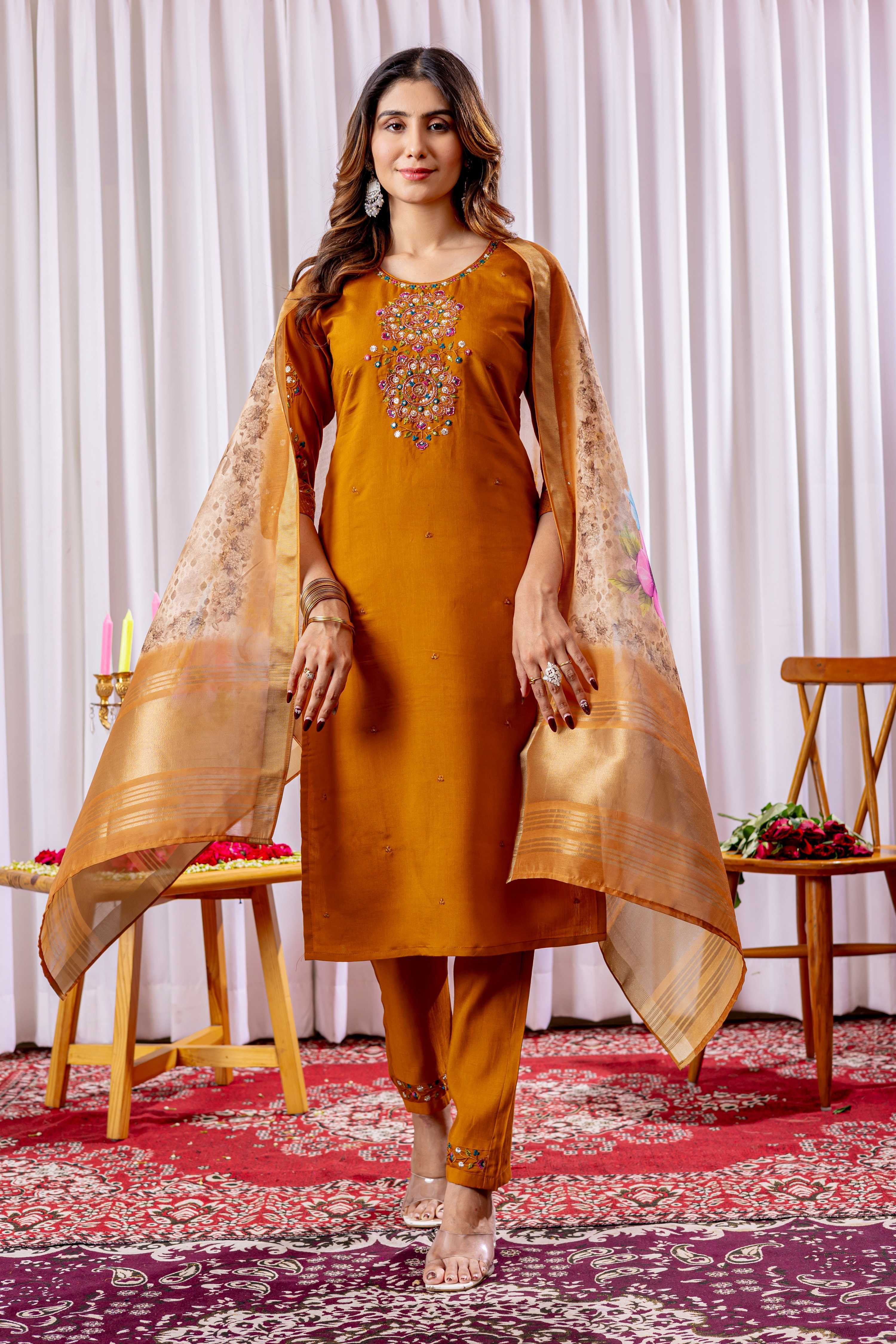 Sonakshi Women's Mustard Viscose Silk Multi Embroidered Sequins With Hand Work Kurta Set With Dupatta | Grocsy