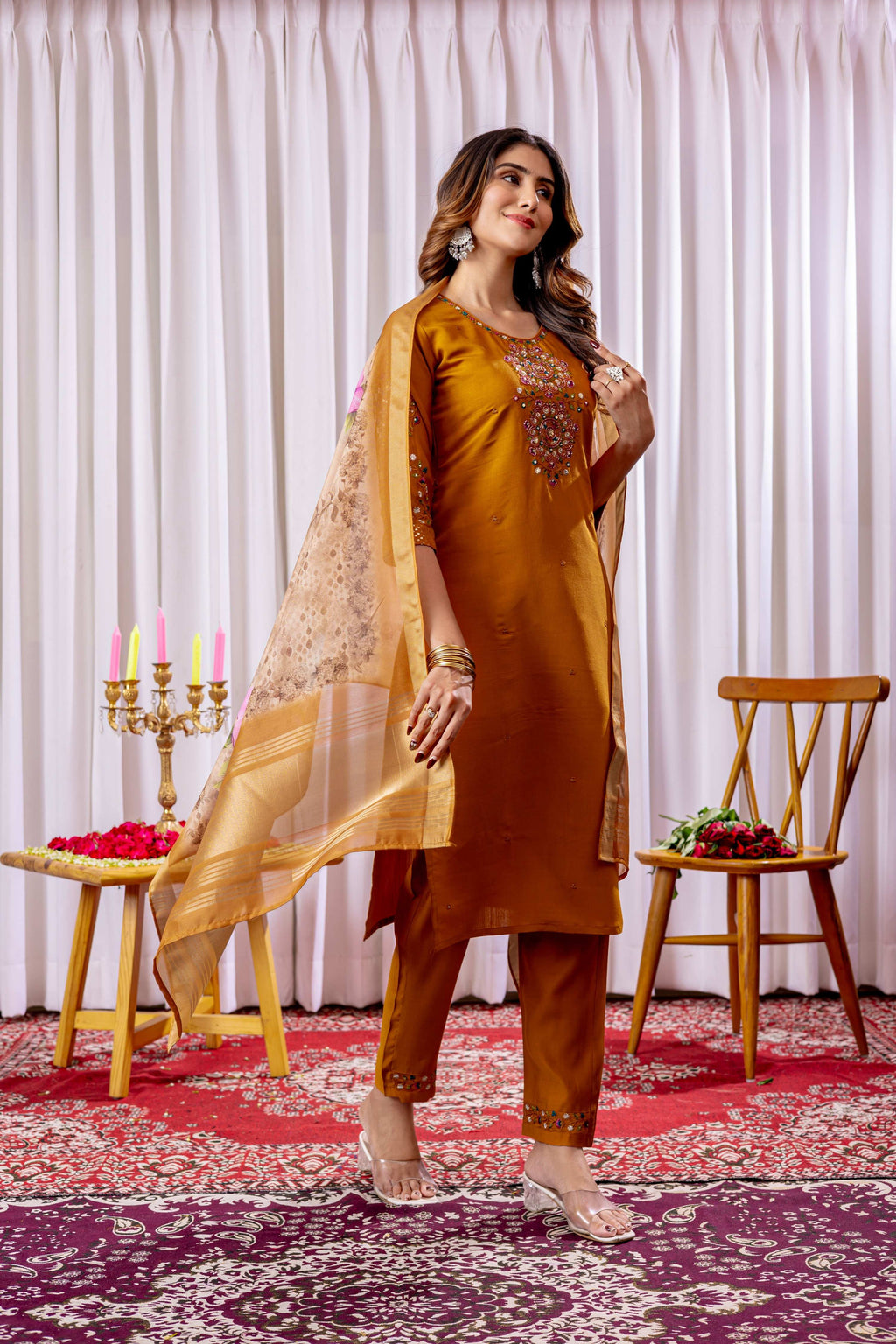 Sonakshi Women's Mustard Viscose Silk Multi Embroidered Sequins With Hand Work Kurta Set With Dupatta | Grocsy