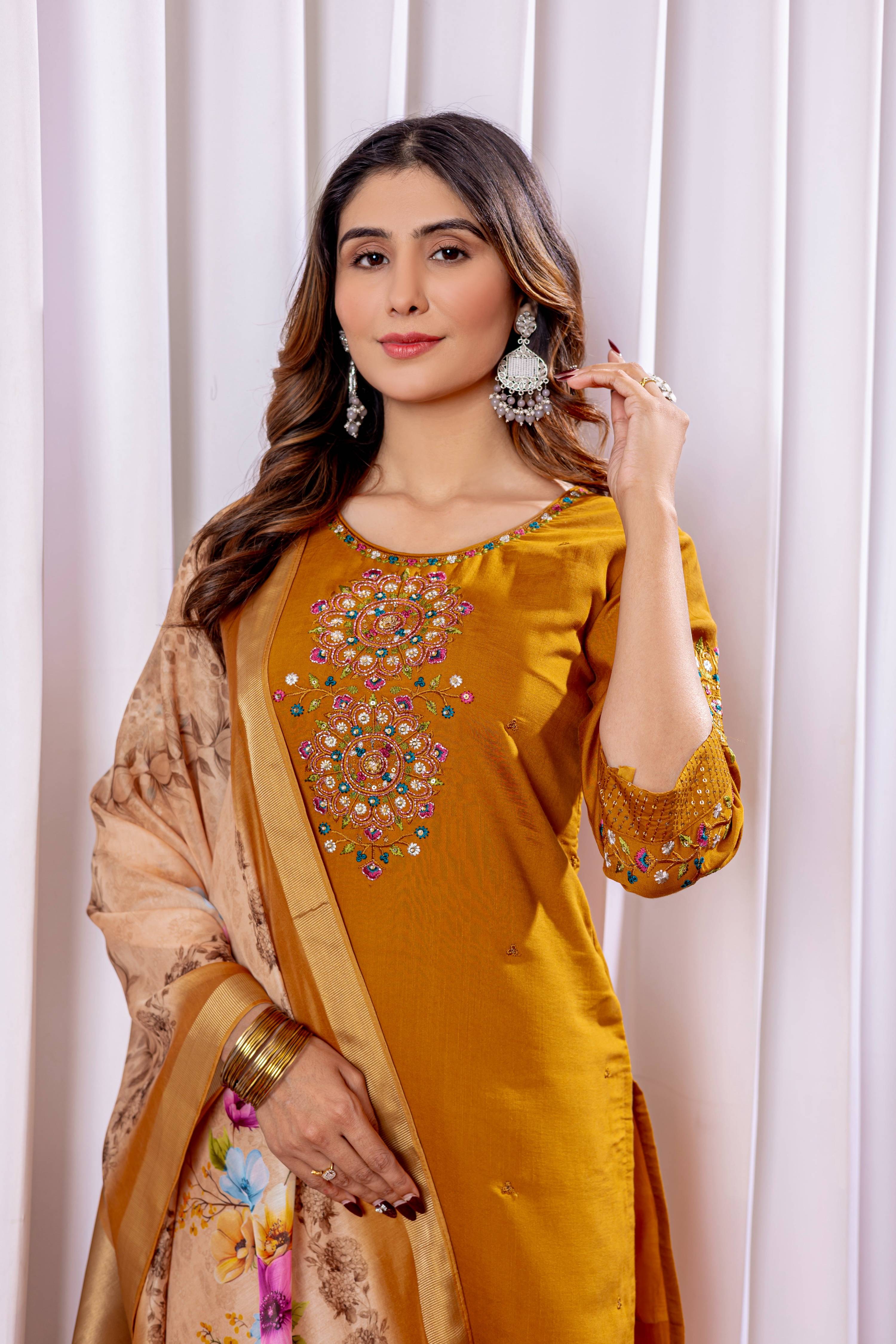Sonakshi Women's Mustard Viscose Silk Multi Embroidered Sequins With Hand Work Kurta Set With Dupatta | Grocsy
