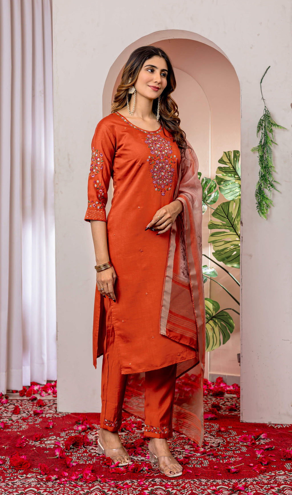Sonakshi Women's Orange Viscose Silk Multi Embroidered Sequins With Hand Work Kurta Set With Dupatta | Grocsy