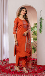 Sonakshi Women's Orange Viscose Silk Multi Embroidered Sequins With Hand Work Kurta Set With Dupatta | Grocsy