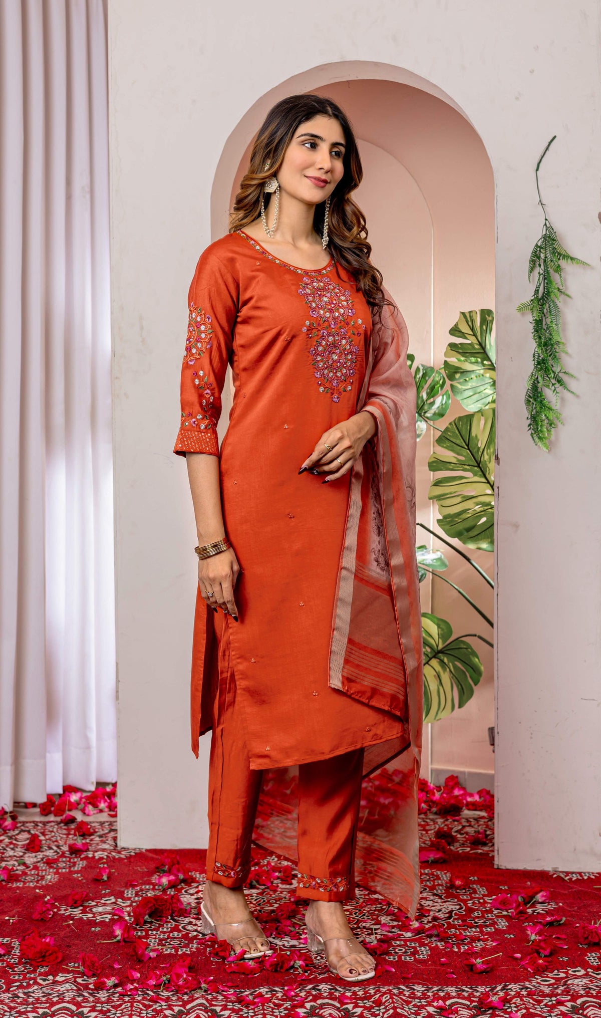 Sonakshi Women's Orange Viscose Silk Multi Embroidered Sequins With Hand Work Kurta Set With Dupatta | Grocsy