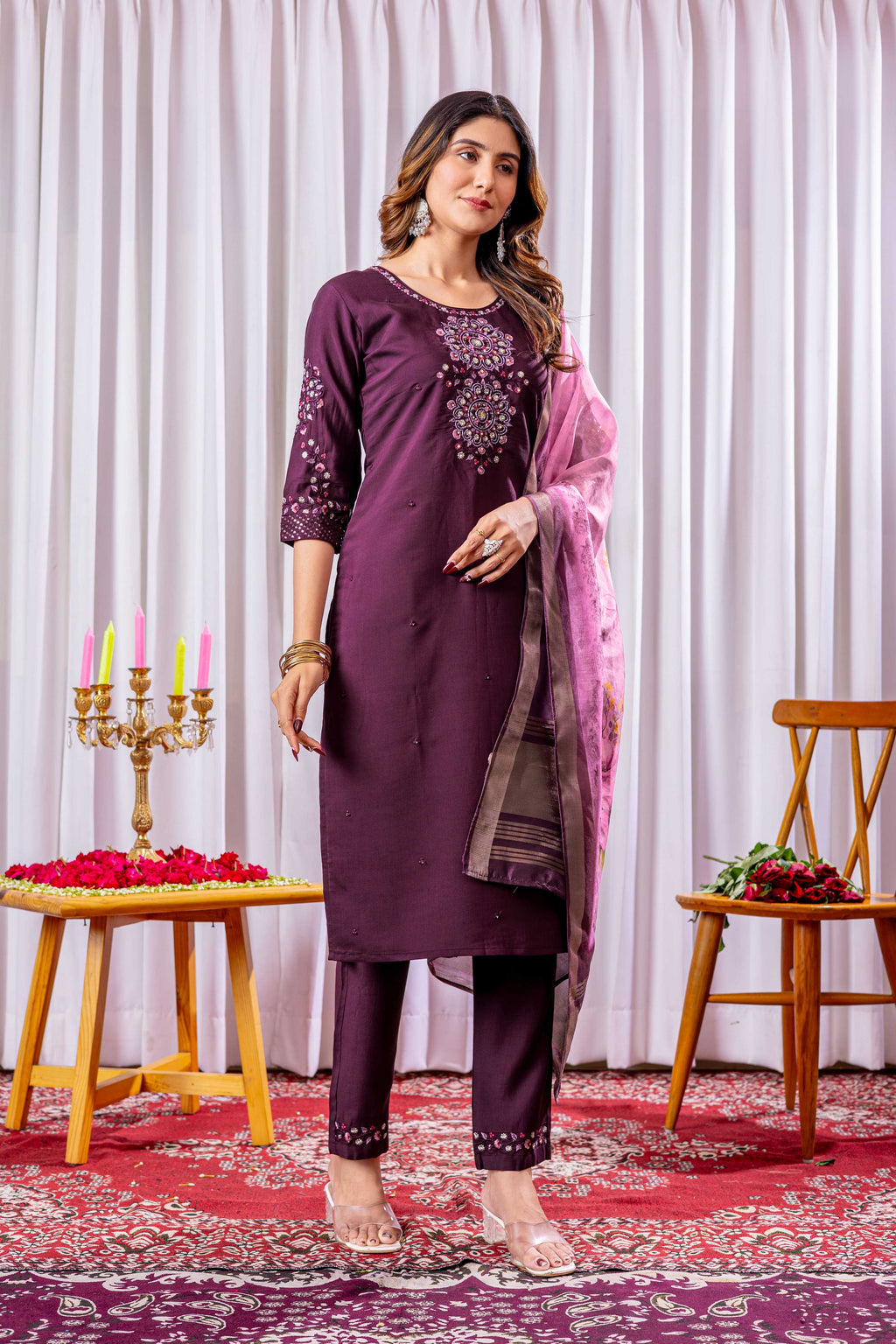 Sonakshi Women's Wine Green Viscose Silk Multi Embroidered Sequins With Hand Work Kurta Set With Dupatta | Grocsy