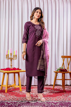 Sonakshi Women's Wine Green Viscose Silk Multi Embroidered Sequins With Hand Work Kurta Set With Dupatta | Grocsy
