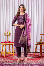 Sonakshi Women's Wine Green Viscose Silk Multi Embroidered Sequins With Hand Work Kurta Set With Dupatta | Grocsy