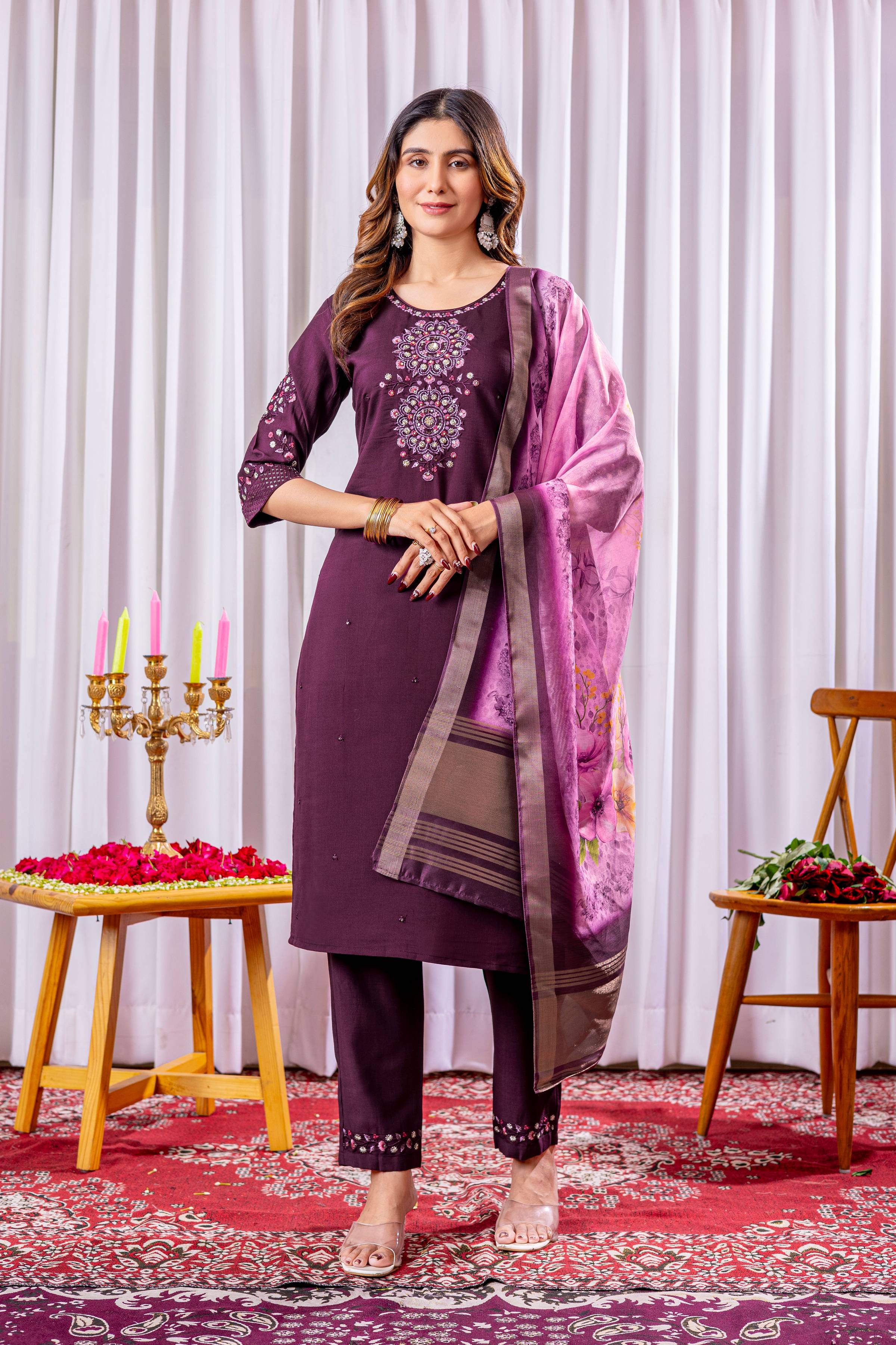 Sonakshi Women's Wine Green Viscose Silk Multi Embroidered Sequins With Hand Work Kurta Set With Dupatta | Grocsy