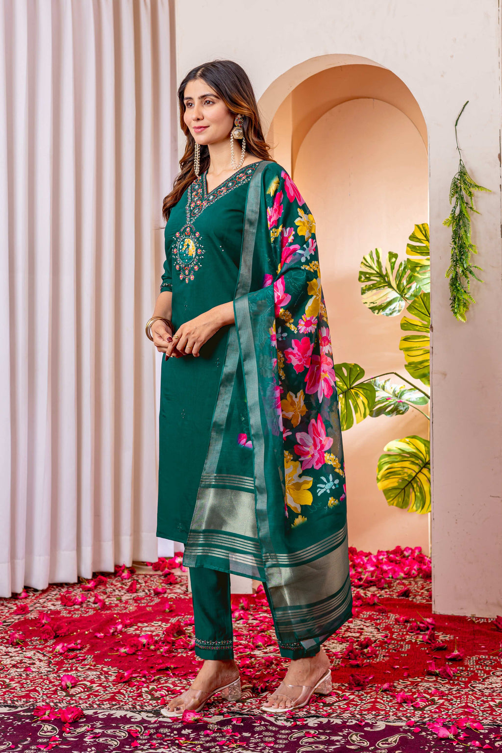 Sonakshi Women's Rama Marina Viscose Silk Multi Embroidered Sequins With Hand Work Kurta Set With Dupatta | Grocsy