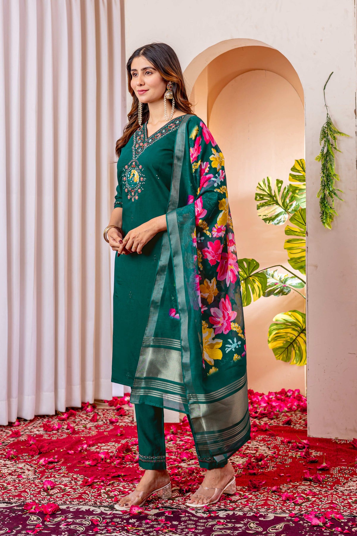Sonakshi Women's Rama Marina Viscose Silk Multi Embroidered Sequins With Hand Work Kurta Set With Dupatta | Grocsy