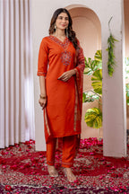 Sonakshi Women's Orange Marina Viscose Silk Multi Embroidered Sequins With Hand Work Kurta Set With Dupatta | Grocsy