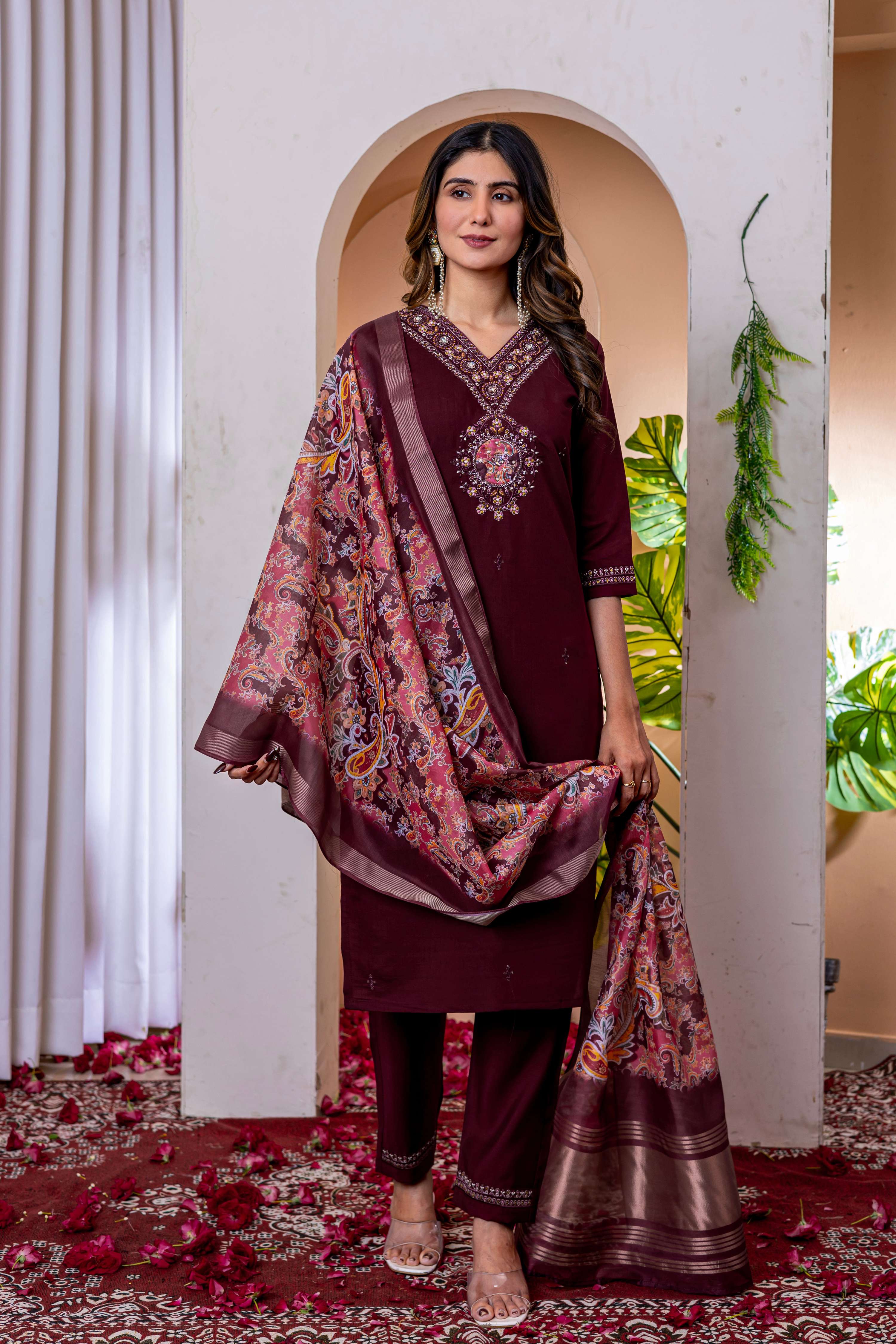 Sonakshi Women's Wine Marina Viscose Silk Multi Embroidered Sequins With Hand Work Kurta Set With Dupatta | Grocsy