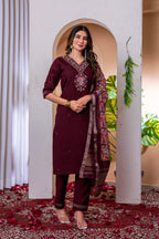 Sonakshi Women's Wine Marina Viscose Silk Multi Embroidered Sequins With Hand Work Kurta Set With Dupatta | Grocsy