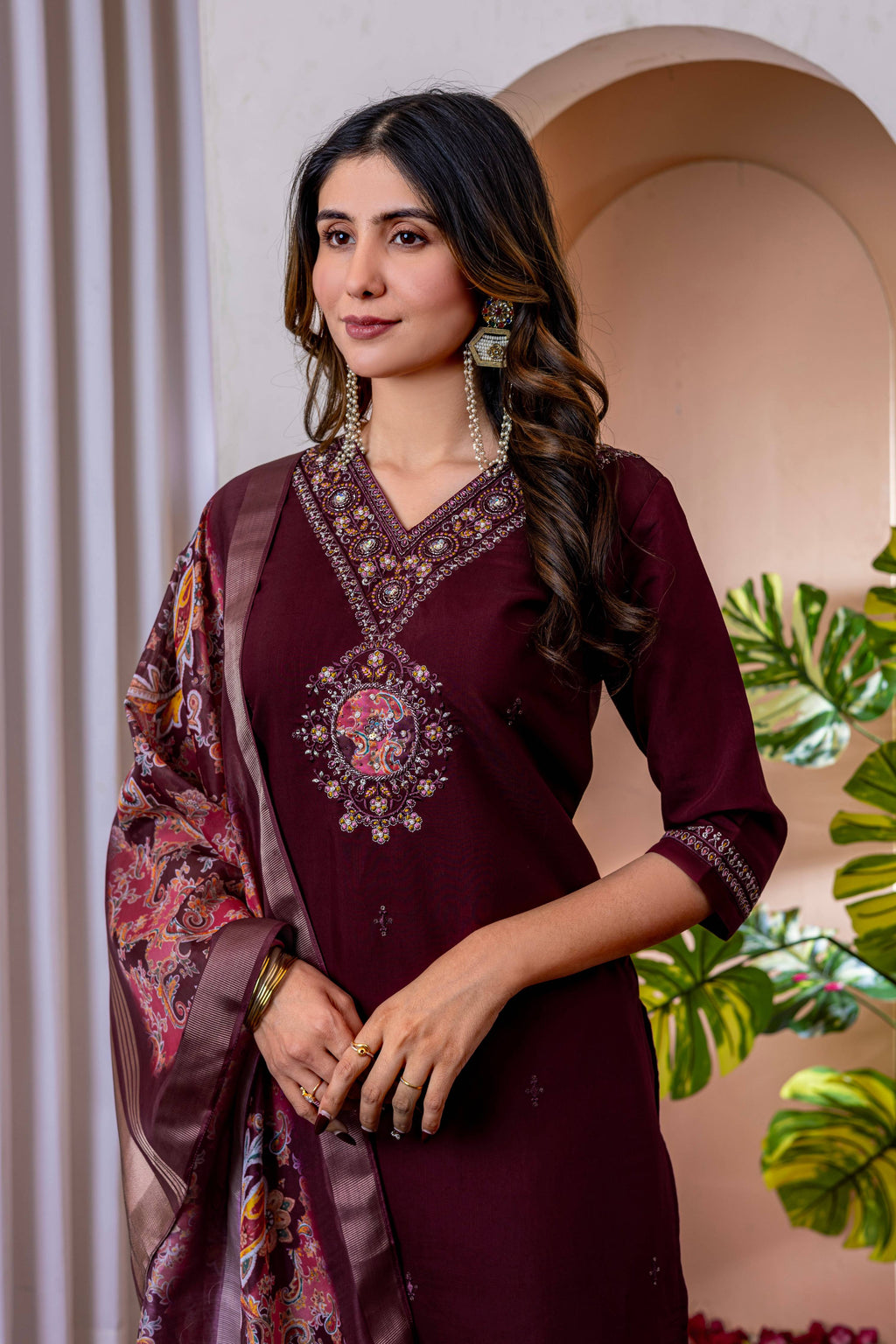 Sonakshi Women's Wine Marina Viscose Silk Multi Embroidered Sequins With Hand Work Kurta Set With Dupatta | Grocsy