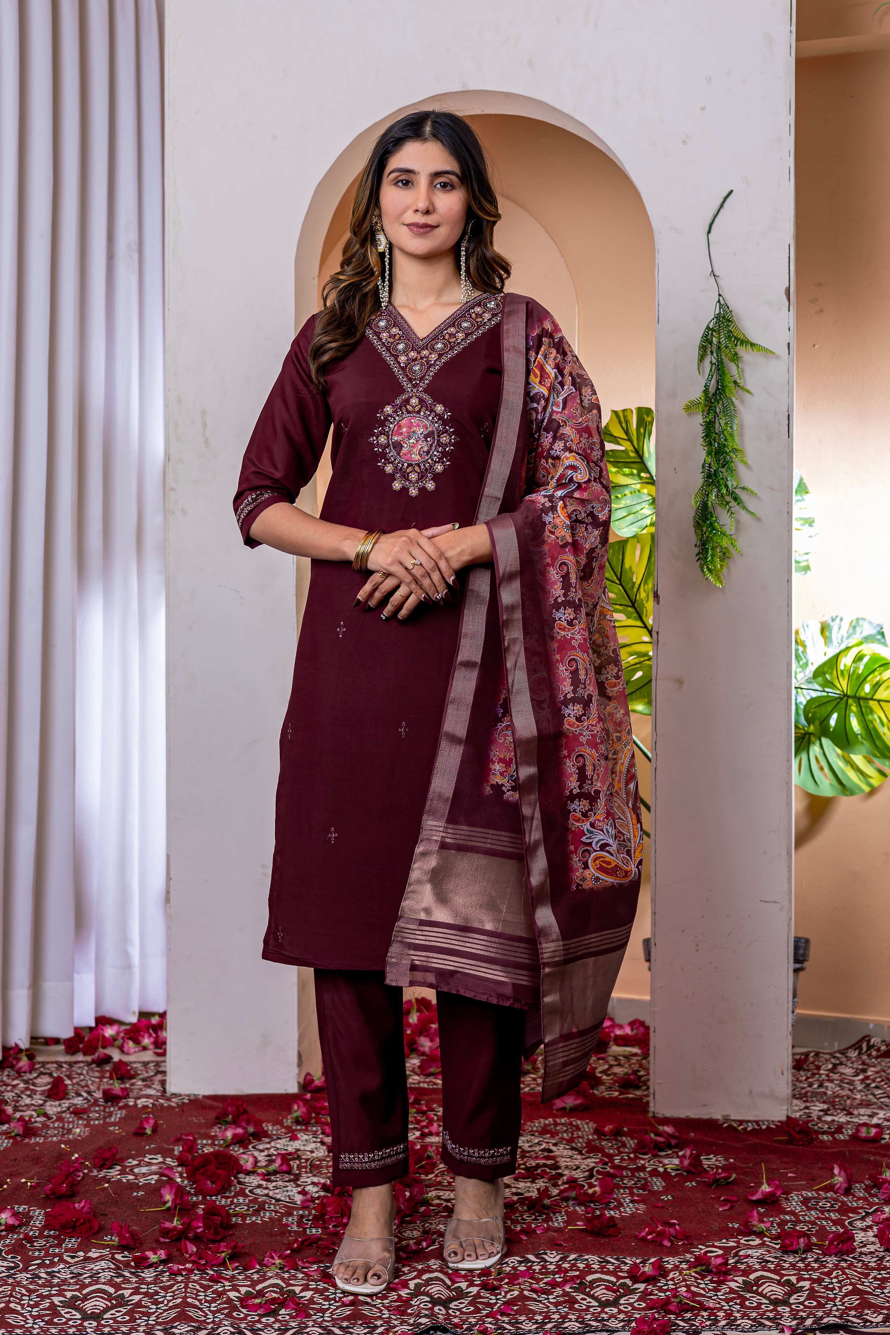 Sonakshi Women's Wine Marina Viscose Silk Multi Embroidered Sequins With Hand Work Kurta Set With Dupatta | Grocsy