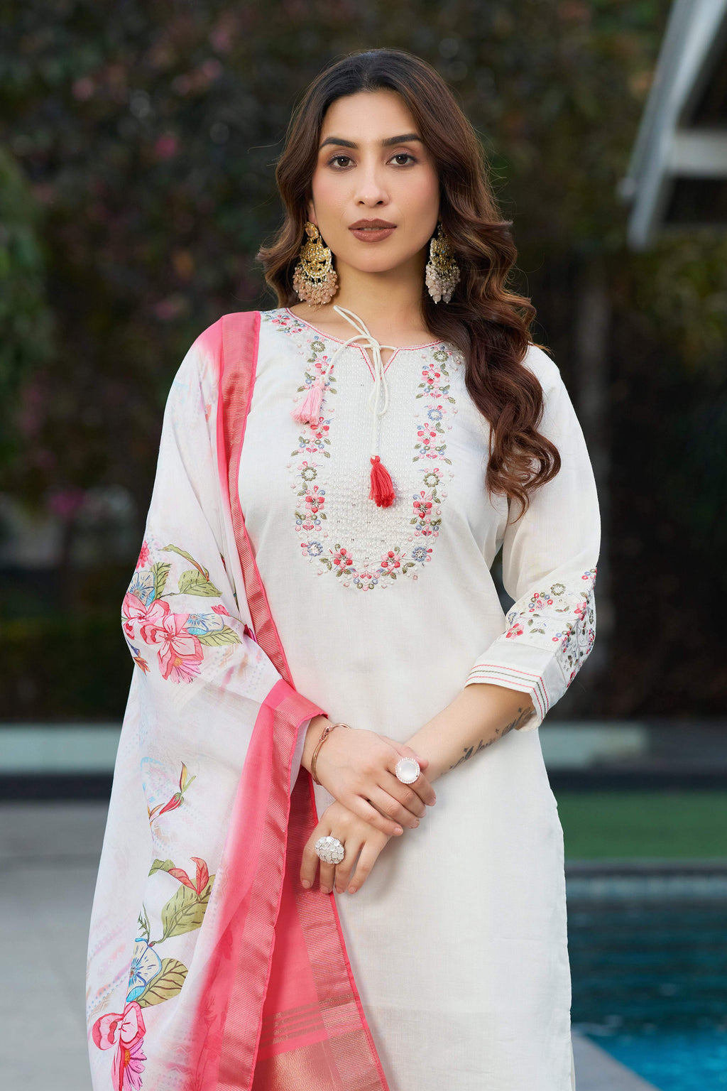 Sonakshi Women's White Viscose Silk Multi Embroidered Thread With Hand Work Kurta Set With Dupatta | Grocsy