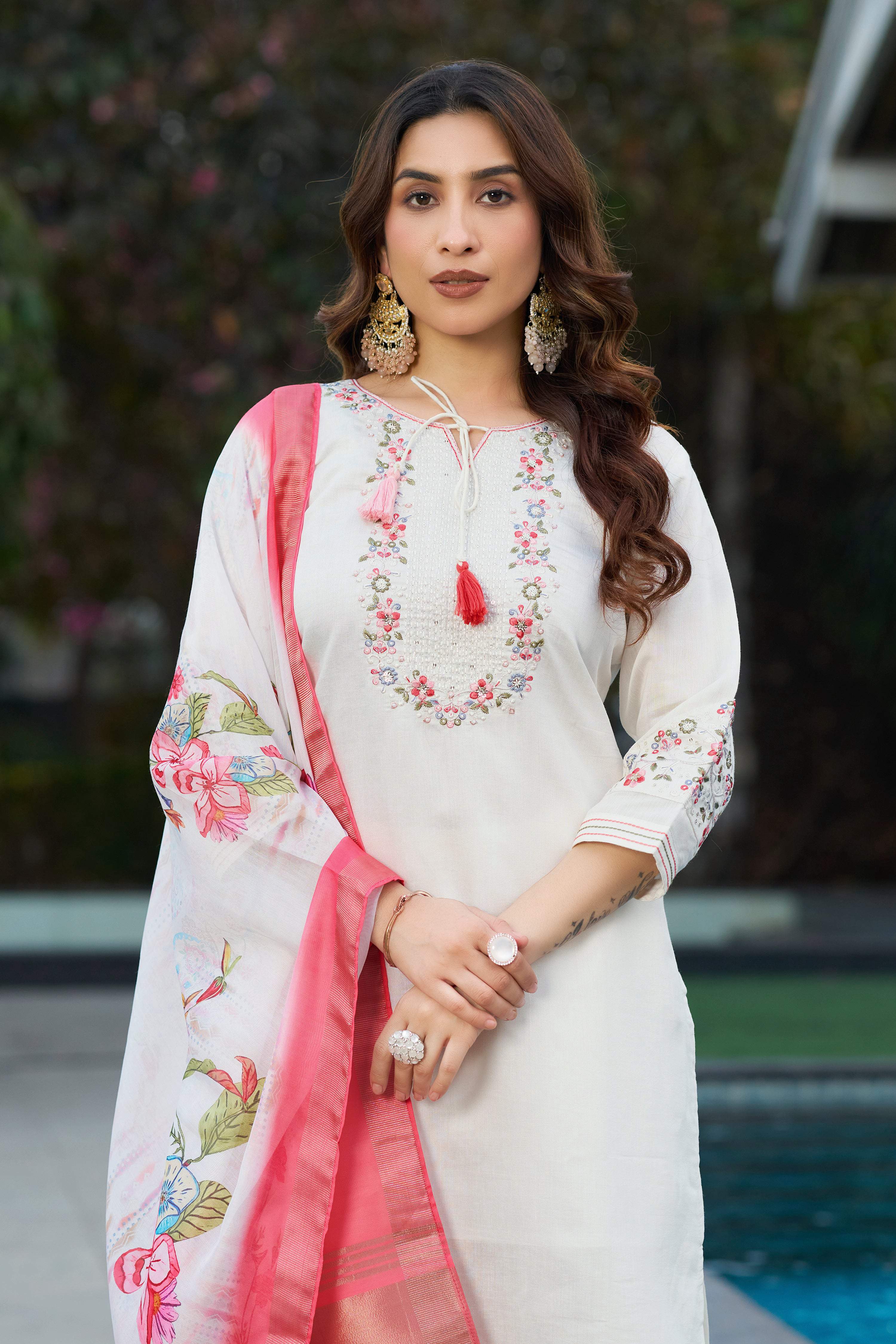 Sonakshi Women's White Viscose Silk Multi Embroidered Thread With Hand Work Kurta Set With Dupatta | Grocsy