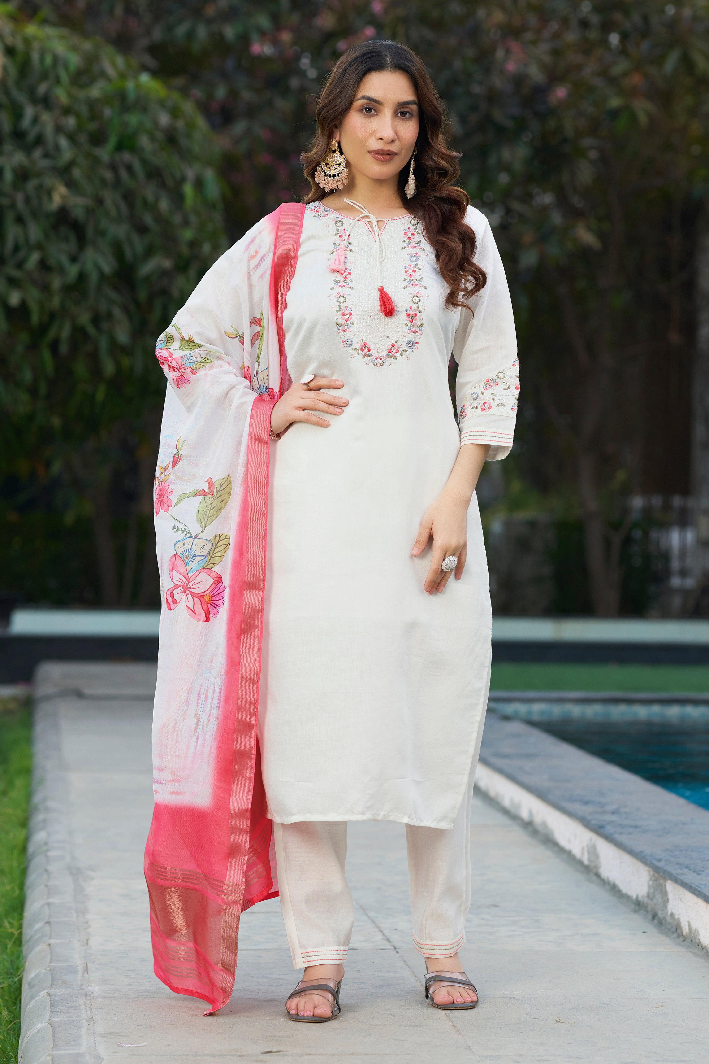 Sonakshi Women's White Viscose Silk Multi Embroidered Thread With Hand Work Kurta Set With Dupatta | Grocsy