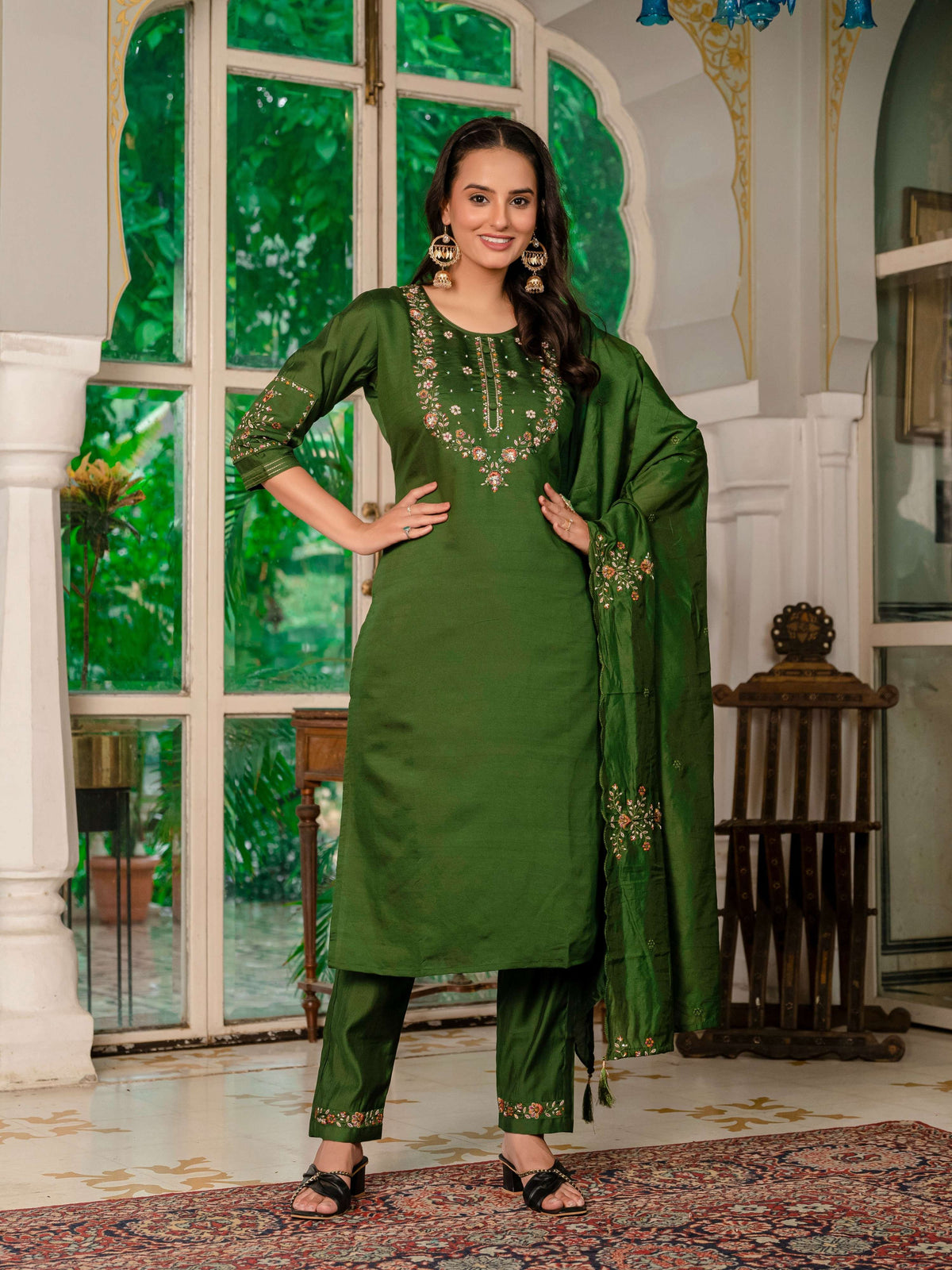 Sonakshi Women's Mehendi Marina Silk Multi Thread Embroidered With Hand Work Kurta Set With Dupatta | Grocsy
