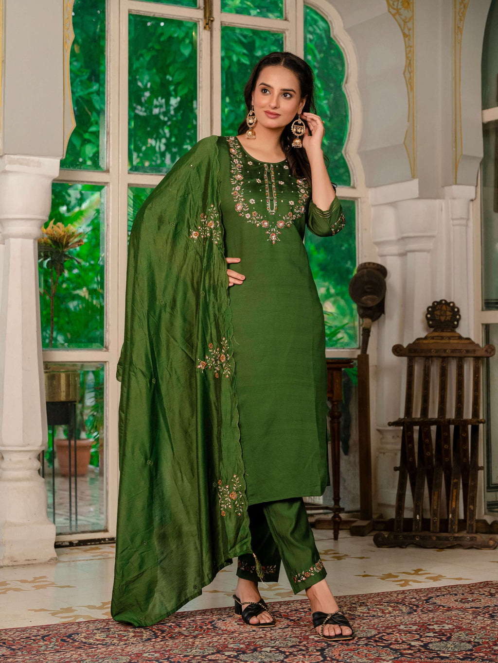 Sonakshi Women's Mehendi Marina Silk Multi Thread Embroidered With Hand Work Kurta Set With Dupatta | Grocsy