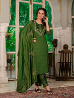 Sonakshi Women's Mehendi Marina Silk Multi Thread Embroidered With Hand Work Kurta Set With Dupatta | Grocsy