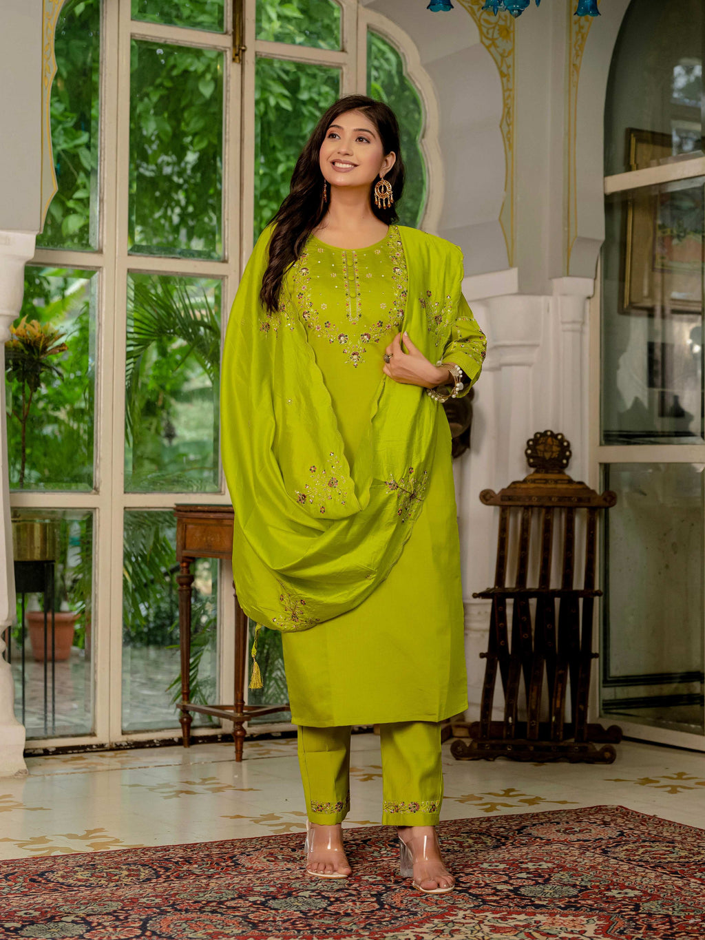 Sonakshi Women's Parrot Marina Silk Multi Thread Embroidered With Hand Work Kurta Set With Dupatta | Grocsy