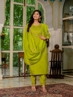 Sonakshi Women's Parrot Marina Silk Multi Thread Embroidered With Hand Work Kurta Set With Dupatta | Grocsy