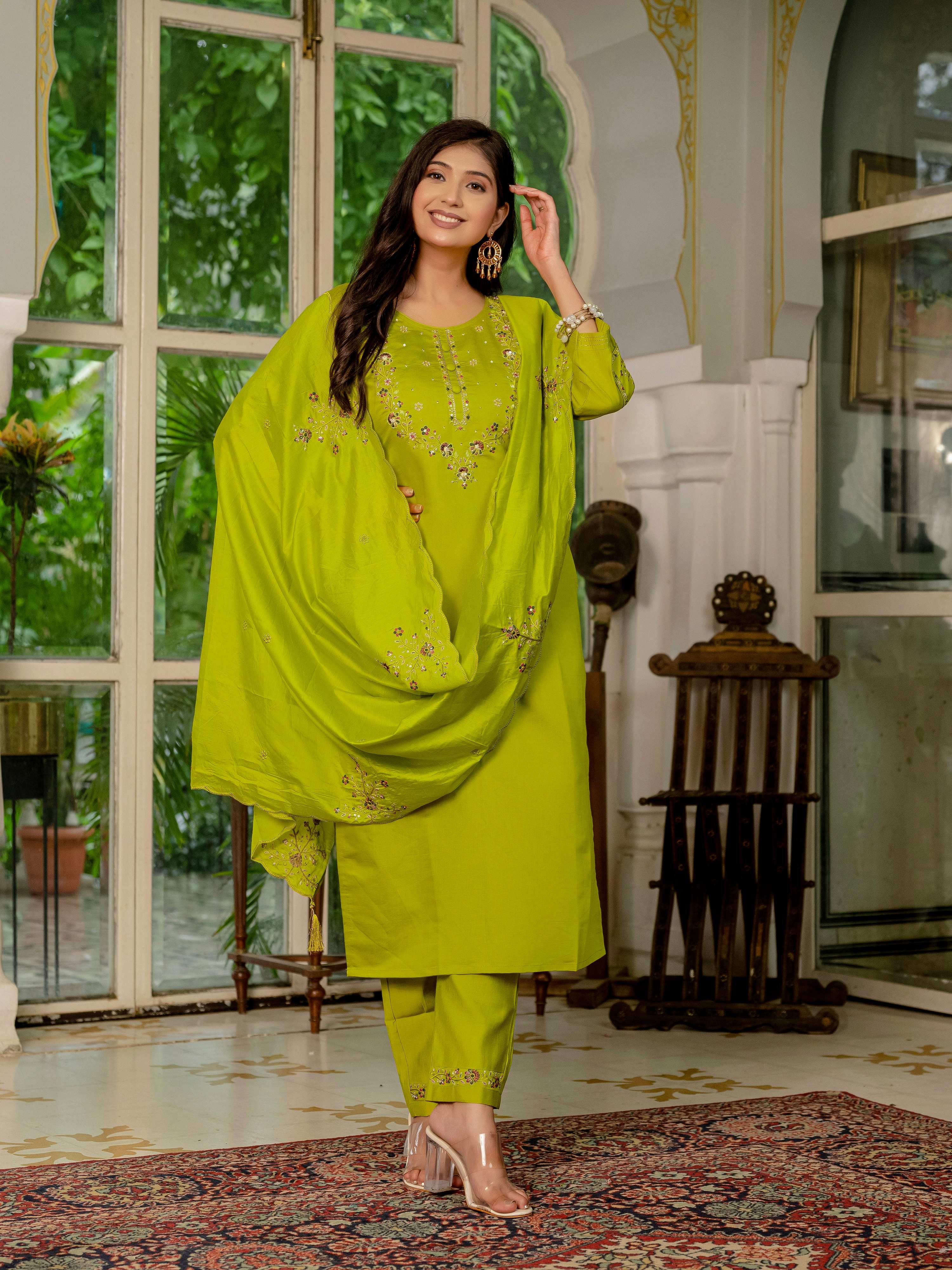 Sonakshi Women's Parrot Marina Silk Multi Thread Embroidered With Hand Work Kurta Set With Dupatta | Grocsy
