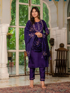 Sonakshi Women's Purple Marina Silk Multi Thread Embroidered With Hand Work Kurta Set With Dupatta | Grocsy