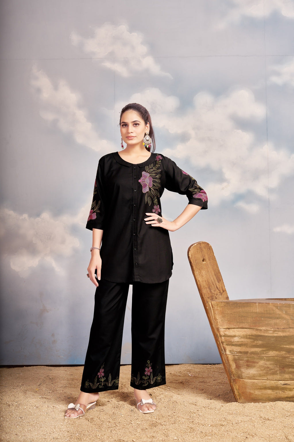 Sonakshi Women's Black Rayon Embroidered Straight Top & Bottom Set | Grocsy