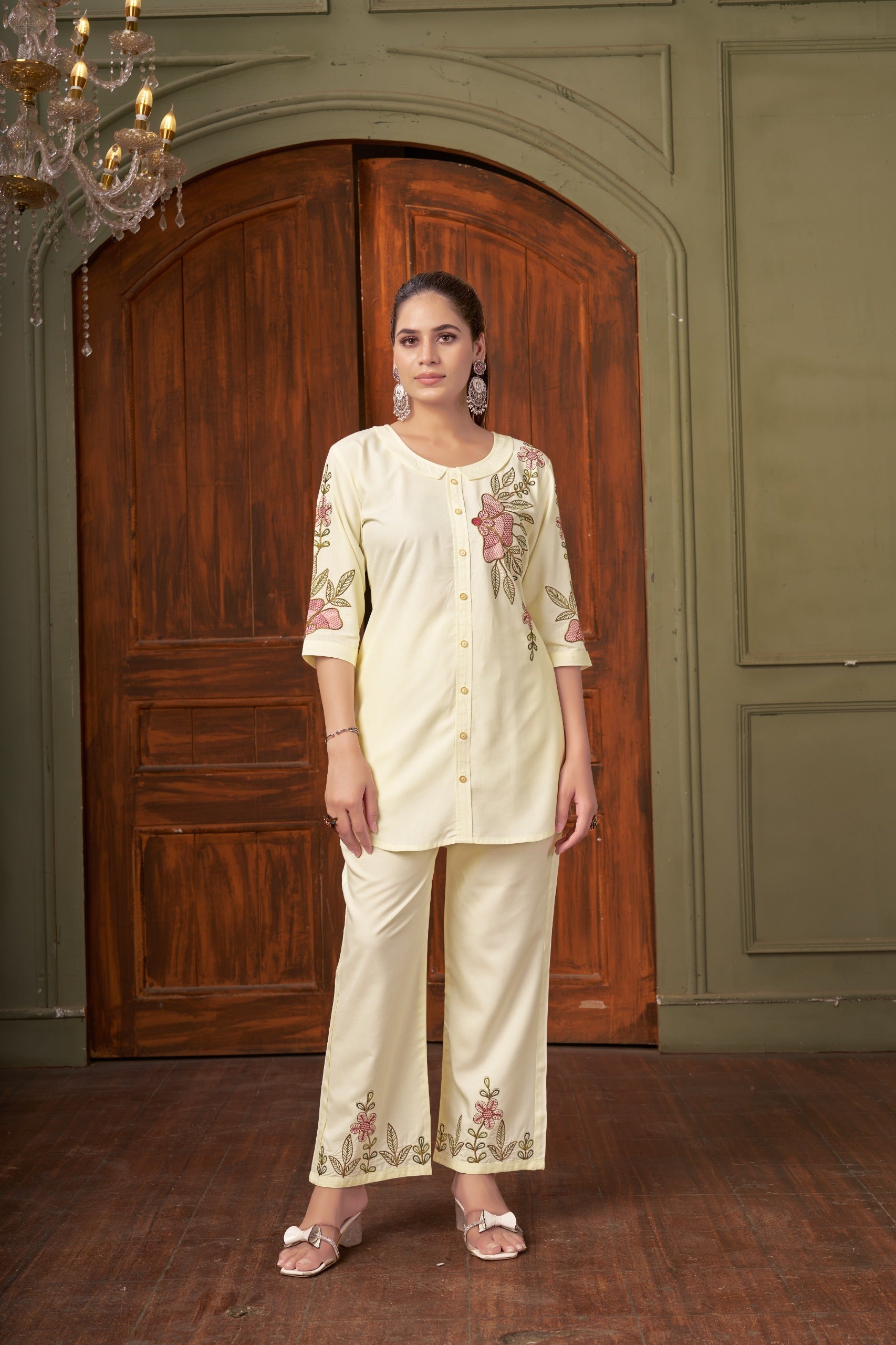 Sonakshi Women's White Rayon Embroidered Straight Top & Bottom Set | Grocsy