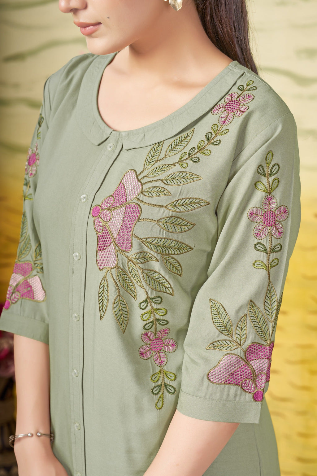 Sonakshi Women's Sea Green Rayon Embroidered Straight Top & Bottom Set | Grocsy