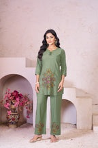 Sonakshi Women's Sea Green Rayon Embroidered Straight Top & Bottom Set | Grocsy