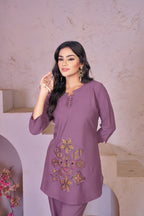 Sonakshi Women's Purple Rayon Embroidered Straight Top & Bottom Set | Grocsy