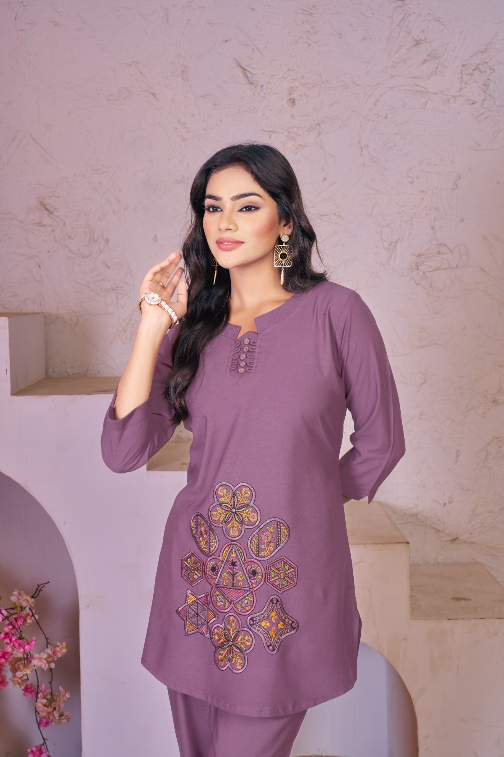 Sonakshi Women's Purple Rayon Embroidered Straight Top & Bottom Set | Grocsy