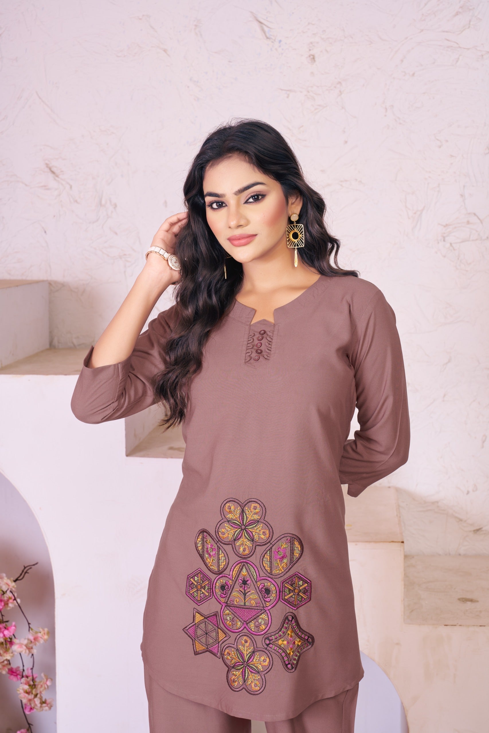 Sonakshi Women's Brown Rayon Embroidered Straight Top & Bottom Set | Grocsy