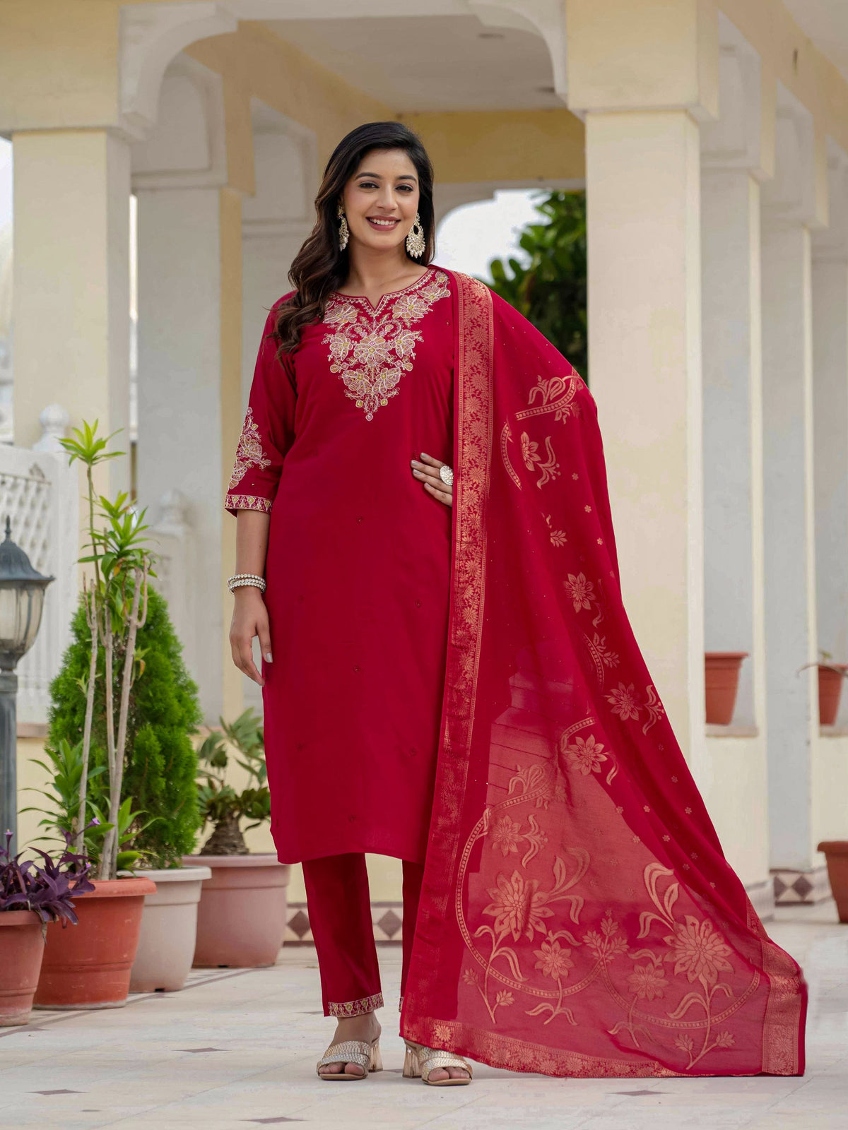 Sonakshi Women's Maroon Premium Roman Silk Coding Embroidered Work Kurta Set With Dupatta | Grocsy