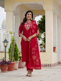 Sonakshi Women's Maroon Premium Roman Silk Coding Embroidered Work Kurta Set With Dupatta | Grocsy