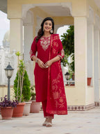 Sonakshi Women's Maroon Premium Roman Silk Coding Embroidered Work Kurta Set With Dupatta | Grocsy