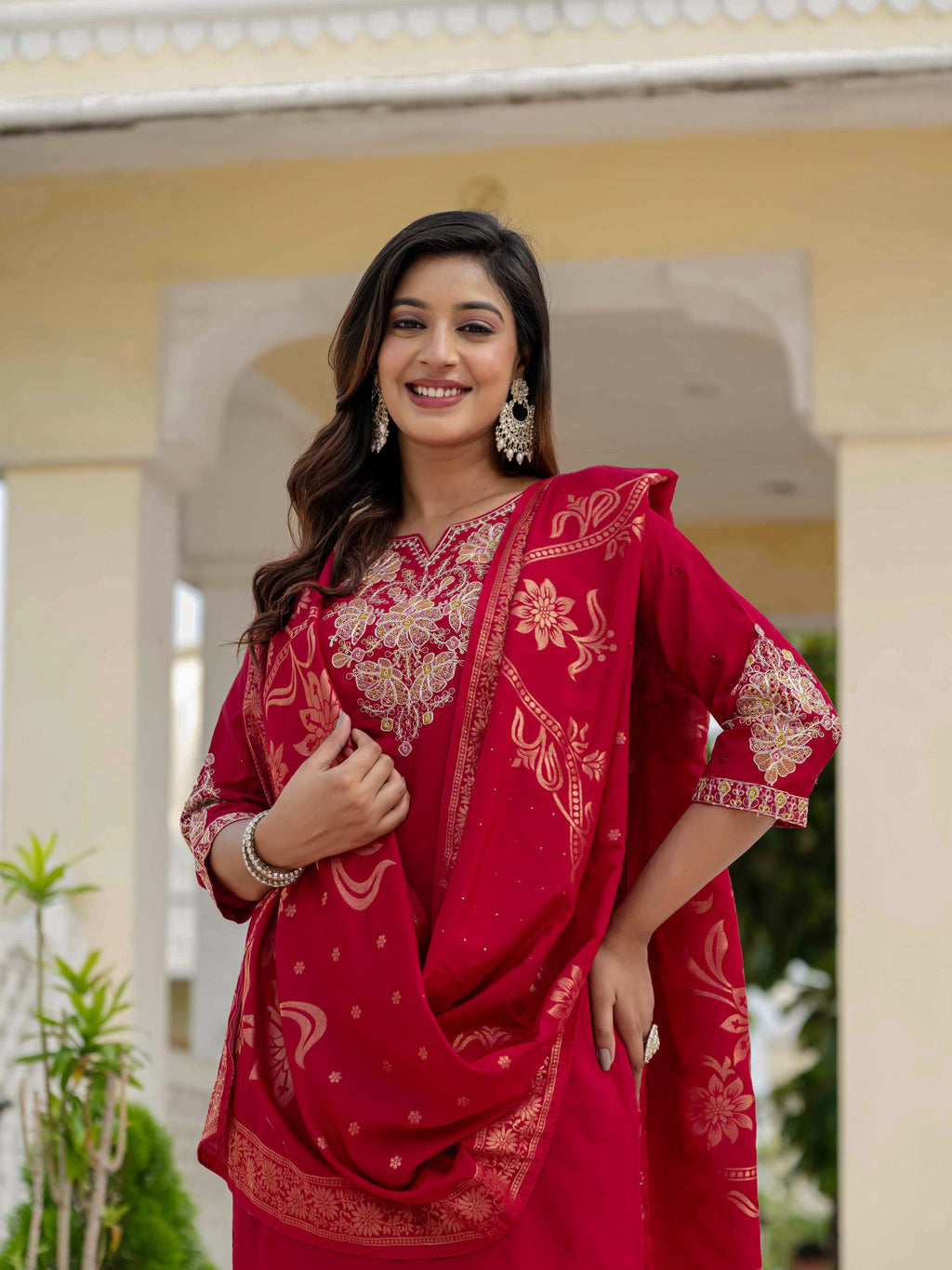 Sonakshi Women's Maroon Premium Roman Silk Coding Embroidered Work Kurta Set With Dupatta | Grocsy