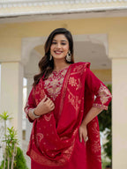 Sonakshi Women's Maroon Premium Roman Silk Coding Embroidered Work Kurta Set With Dupatta | Grocsy